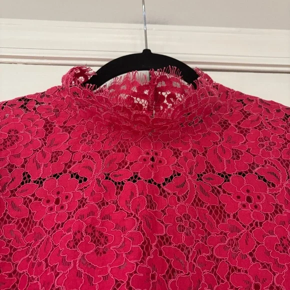 J. Crew Scalloped Lace Mockneck Top Vibrant Pink Lace Blouse Size 14 Sheer Glam - Picture 9 of 12